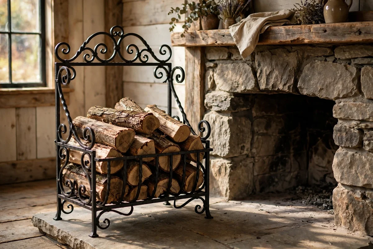 Wrought iron log holder filled with firewood beside the firebox