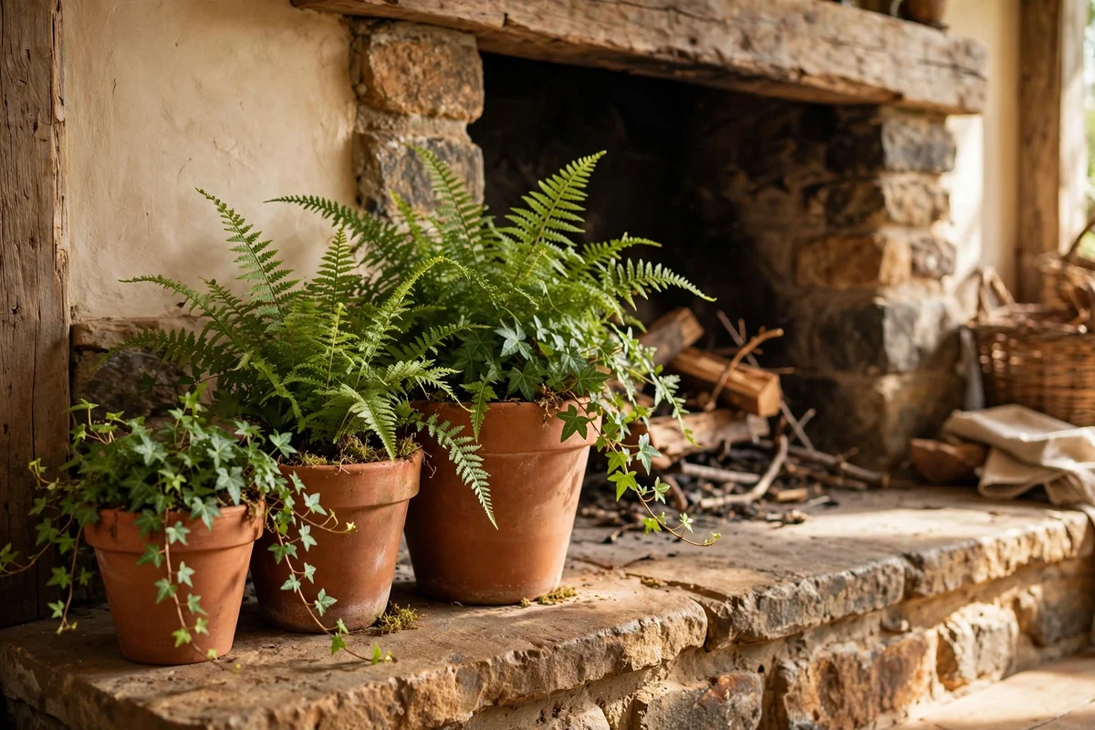 Terracotta pots of ivy and ferns grouped on a fireplace hearth