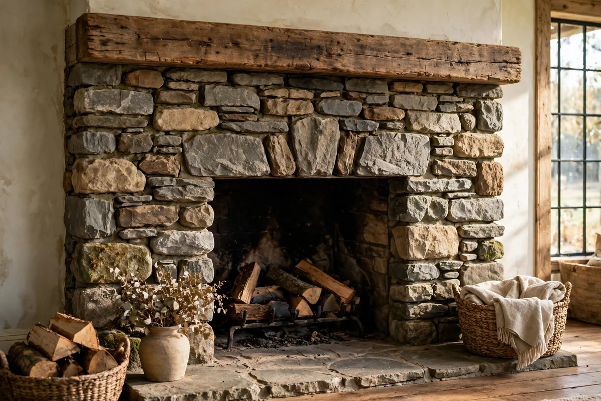 Firebox surround dressed with natural fieldstone veneer slips