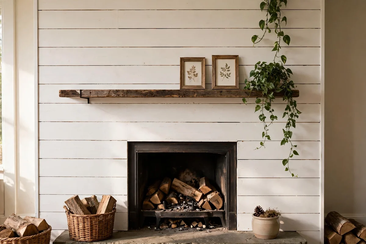 Slim reclaimed ledge shelf with framed prints above the shiplap