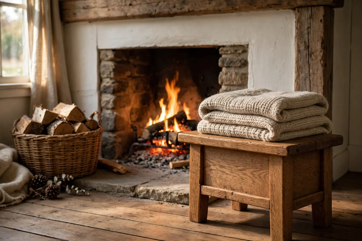 Low oak stool with a folded wool throw beside the fireplace