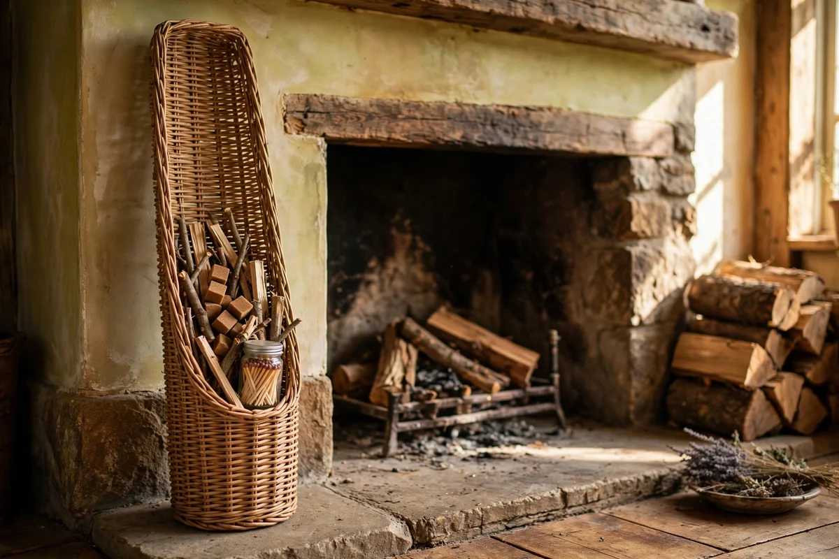 Slim kindling basket with matches and firelighters beside the fire