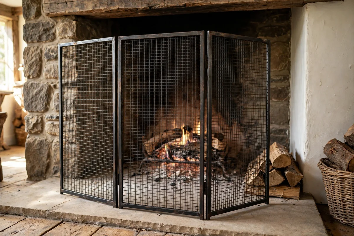 Mesh fire screen standing before a working farmhouse fireplace