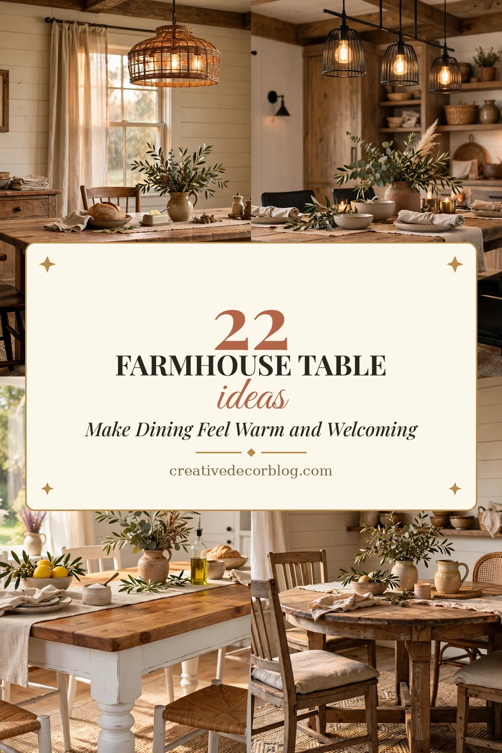 Pinterest pin collage of farmhouse table ideas titled 22 Farmhouse Table Ideas That Make Dining Feel Warm and Welcoming