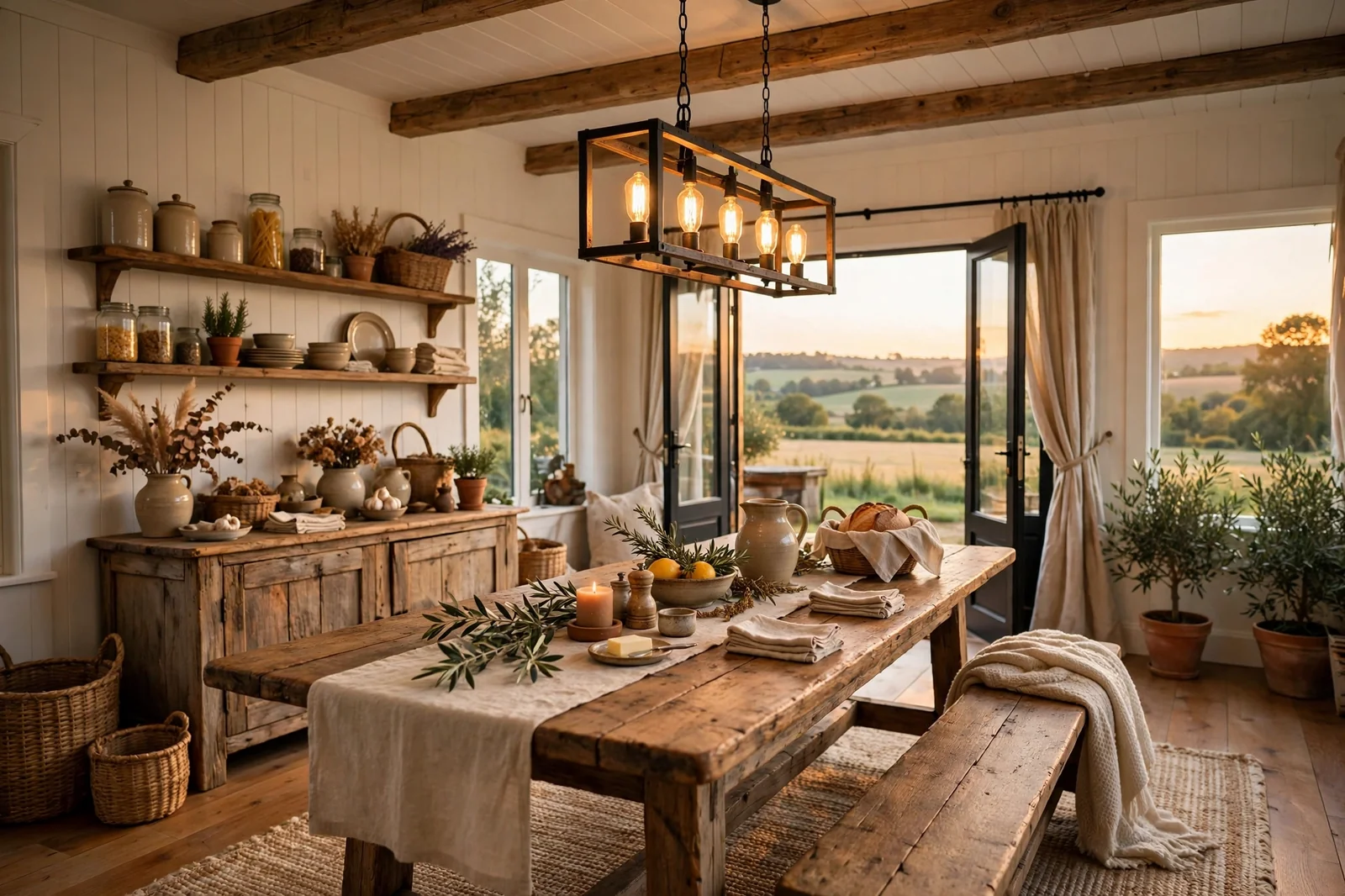 Wide view of a beautiful cozy farmhouse dining room with a wooden table and bench, warm