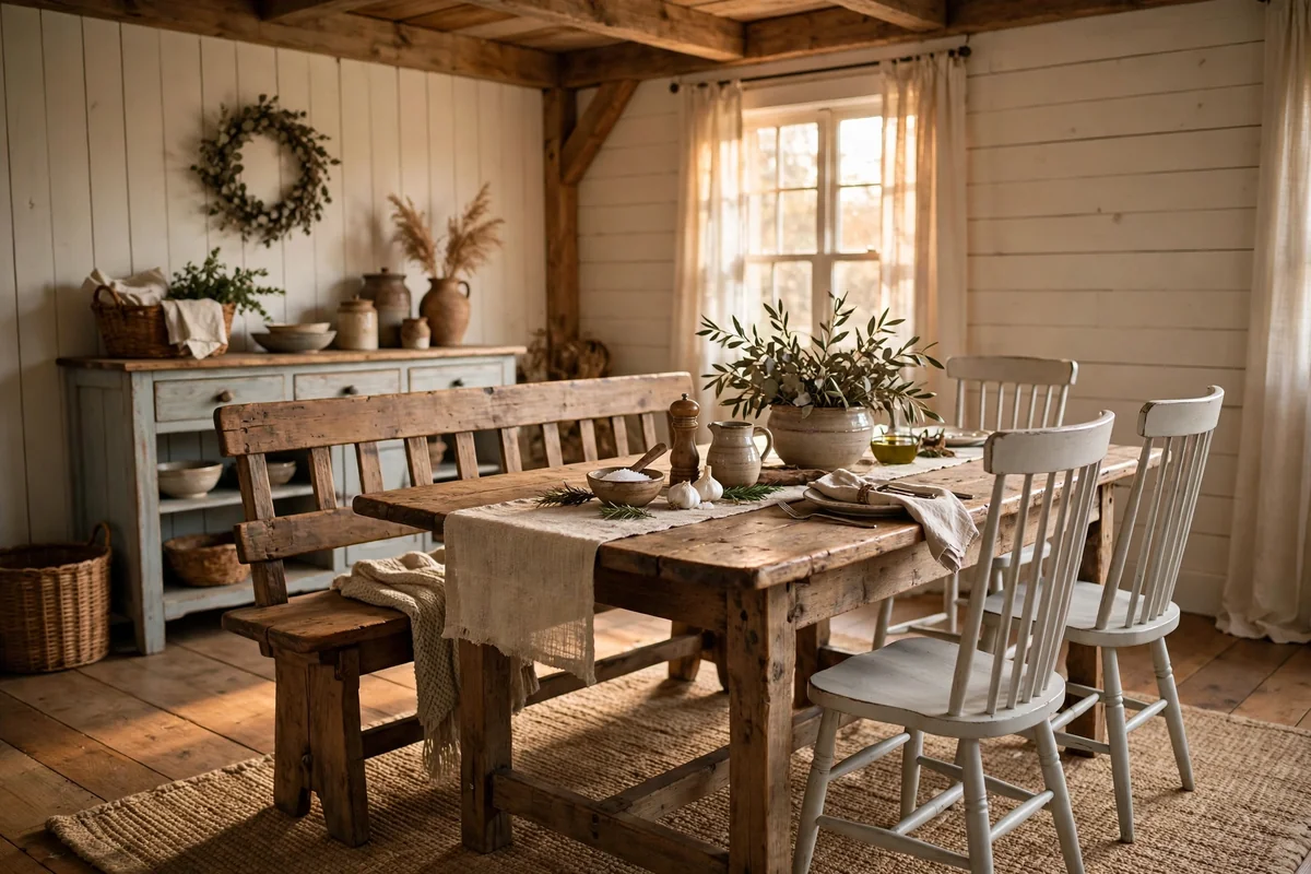 Classic farmhouse dining table with a wooden bench on one side and chairs, rustic