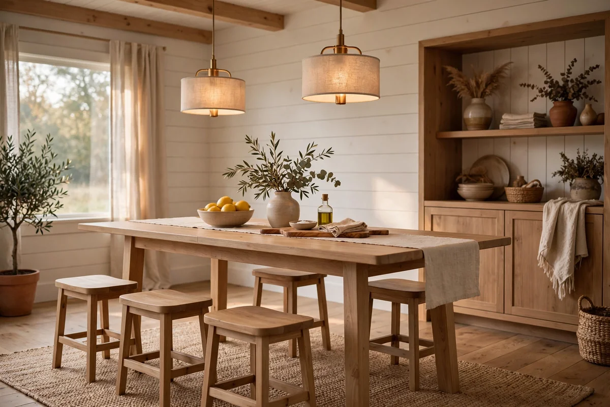 Farmhouse dining table with simple wooden stools instead of chairs, streamlined