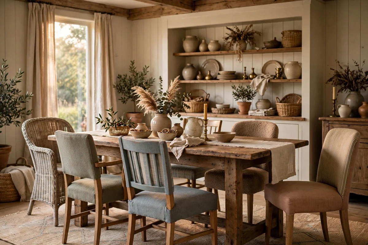 Farmhouse dining table with multicolored chairs in neutral tones, eclectic