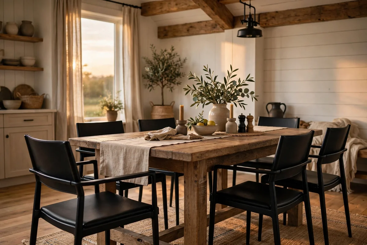 Farmhouse dining table with sleek black chairs, striking contrast