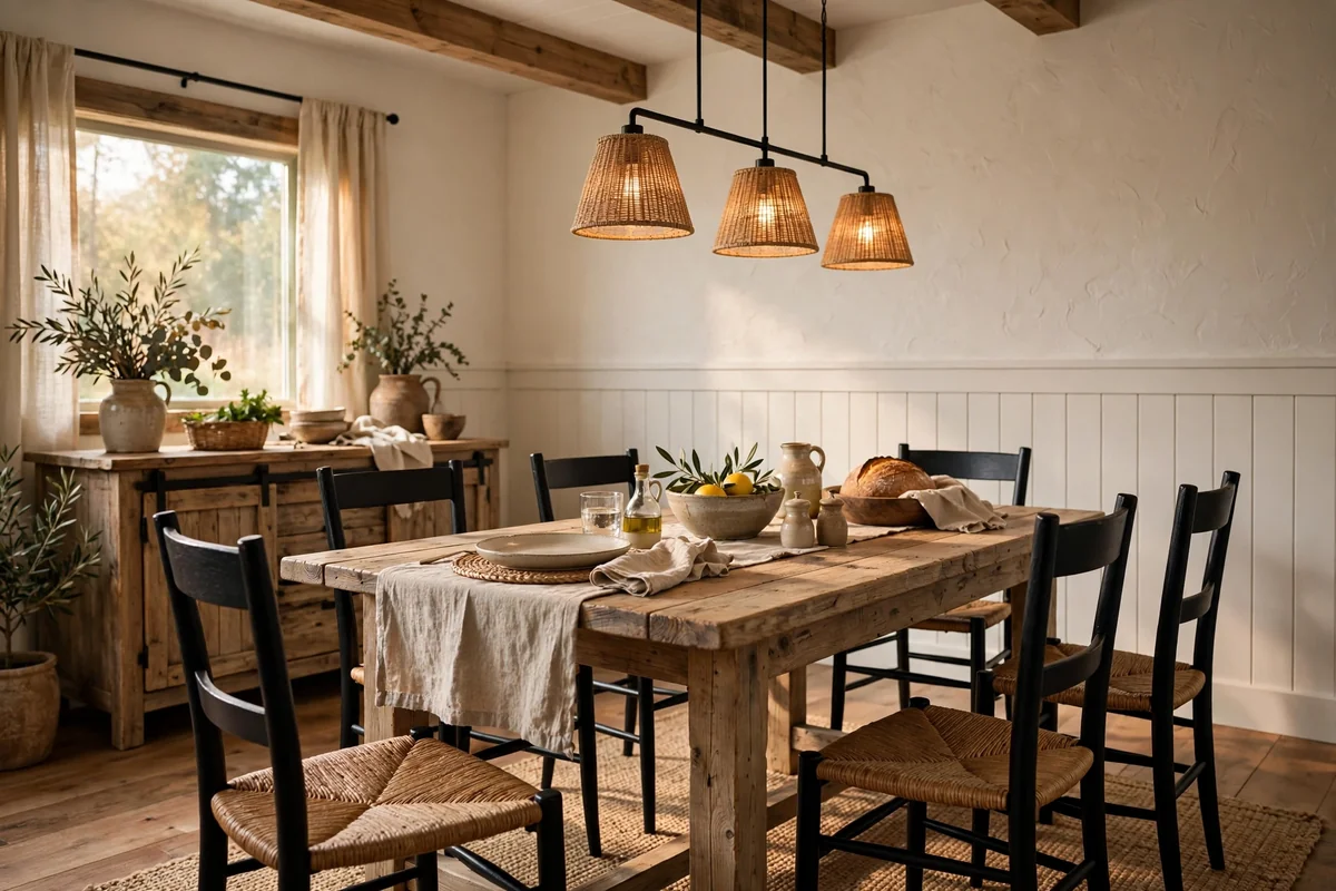 Farmhouse dining table with black chairs featuring rattan seats, textured