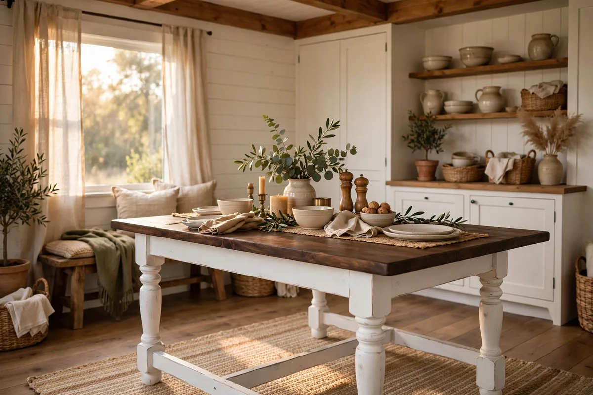 Farmhouse dining table with a crisp white painted base and dark wood top