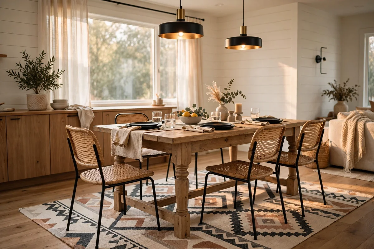 Farmhouse dining table with a geometric patterned rug underneath, modern