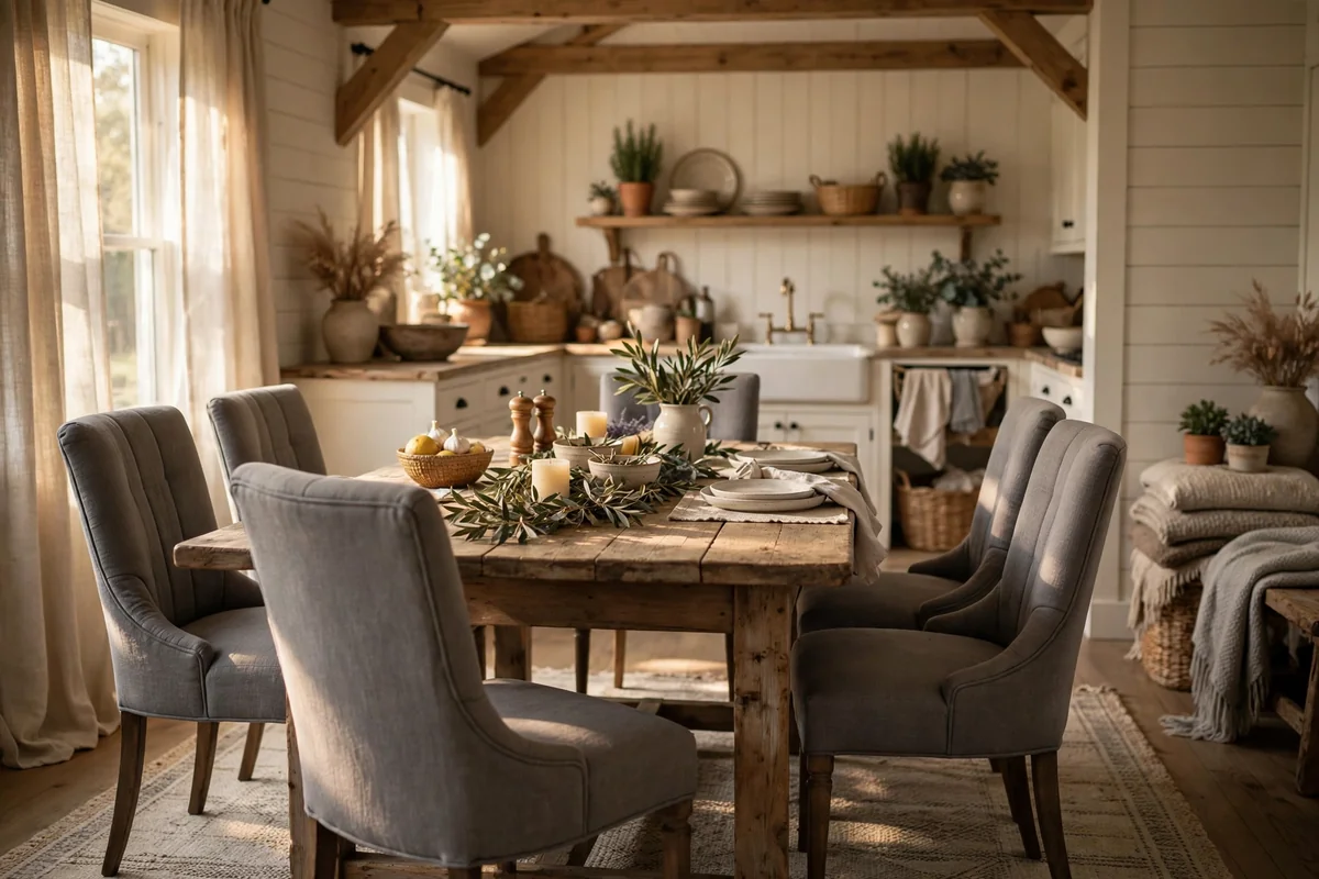 Farmhouse dining table with grey upholstered chairs, cozy and soft