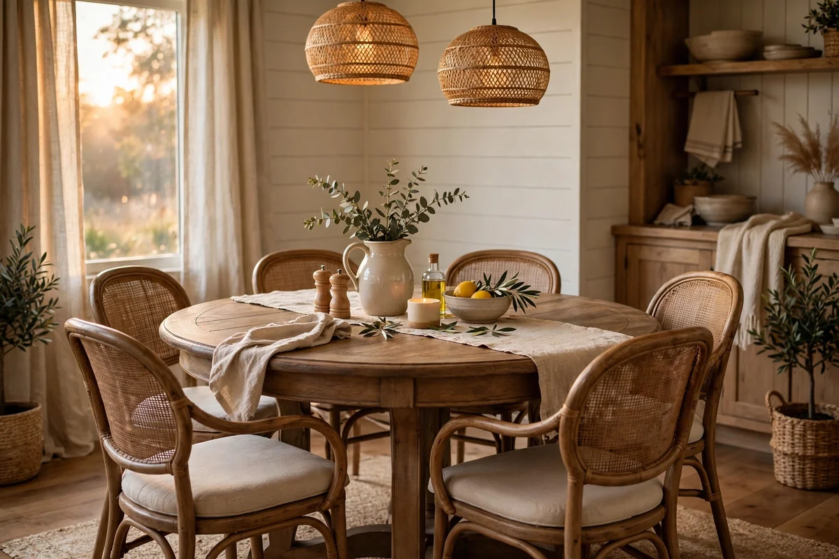 Round farmhouse dining table with chairs, soft edges and warm