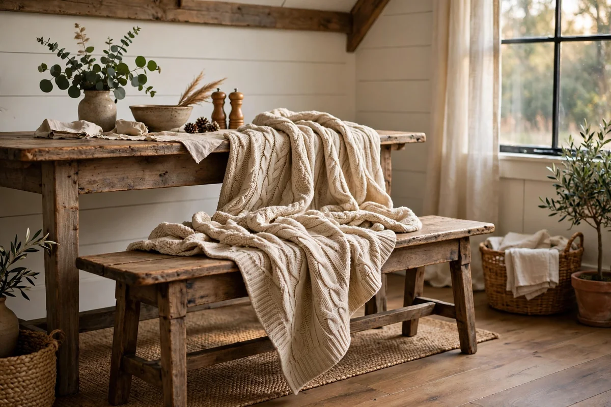 Farmhouse dining bench with a cozy throw blanket draped over it