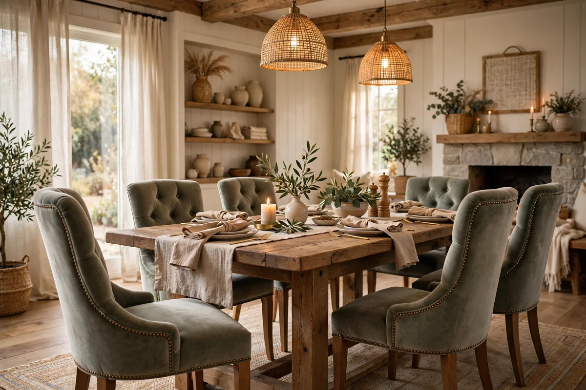Farmhouse dining table with luxurious upholstered dining chairs, elegant