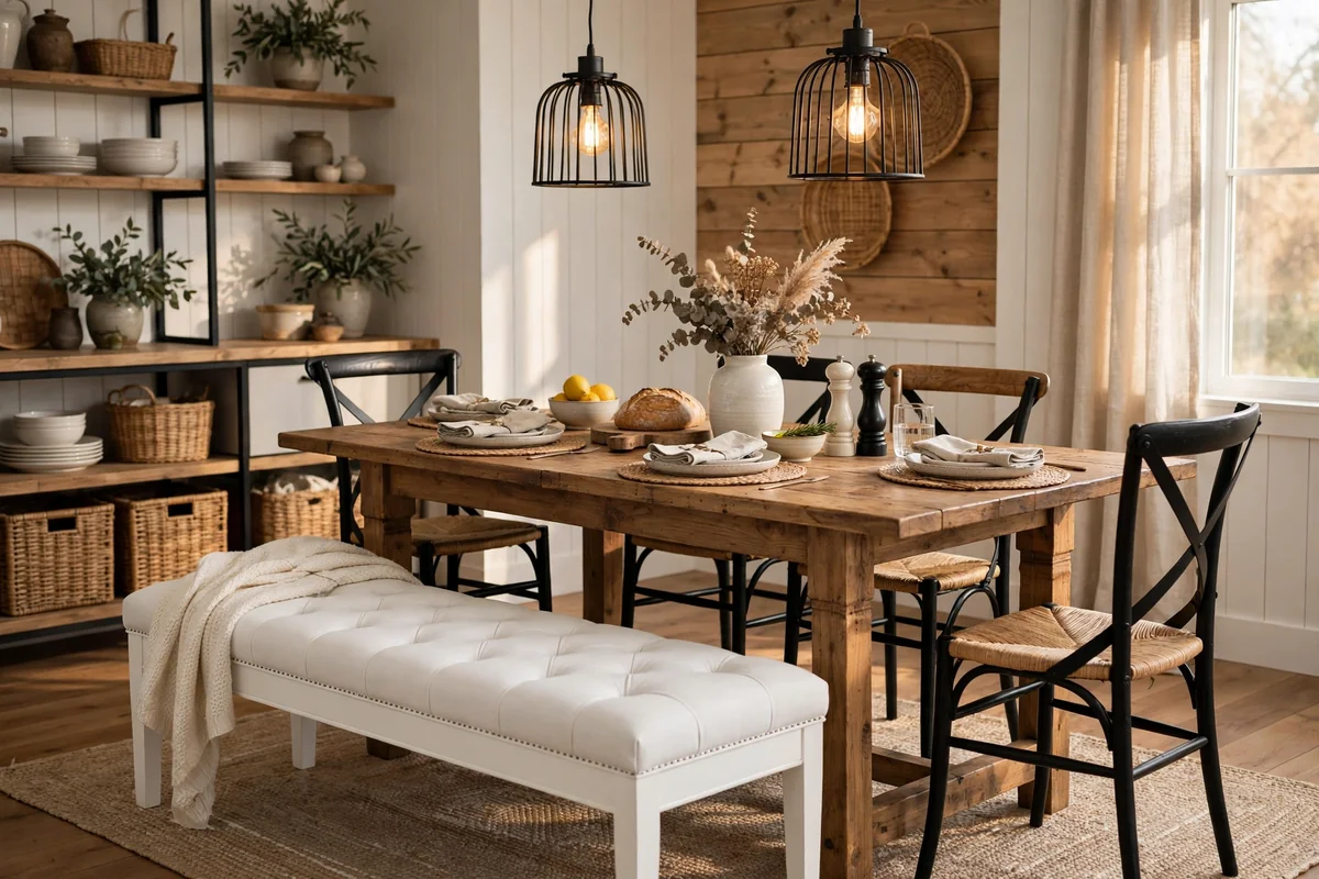 Farmhouse dining table with a white tufted bench, modern farmhouse style