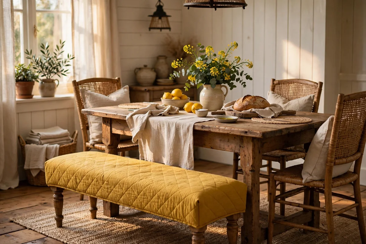 Farmhouse dining table with a mustard yellow bench, cheerful pop of color