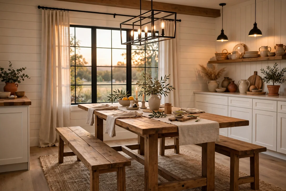 Modern farmhouse dining table with benches on both sides, no chairs