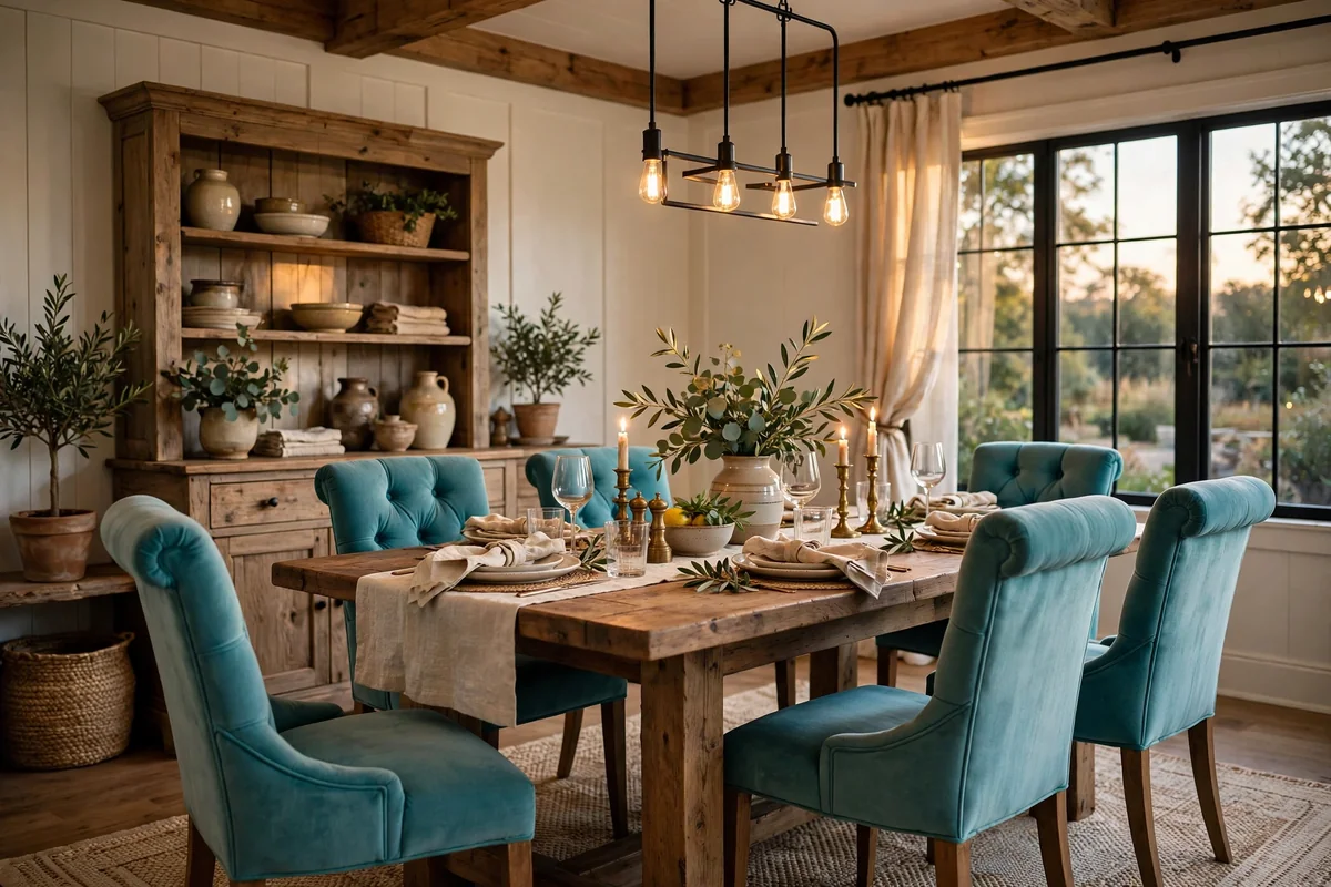 Farmhouse dining table with turquoise upholstered chairs, elegant