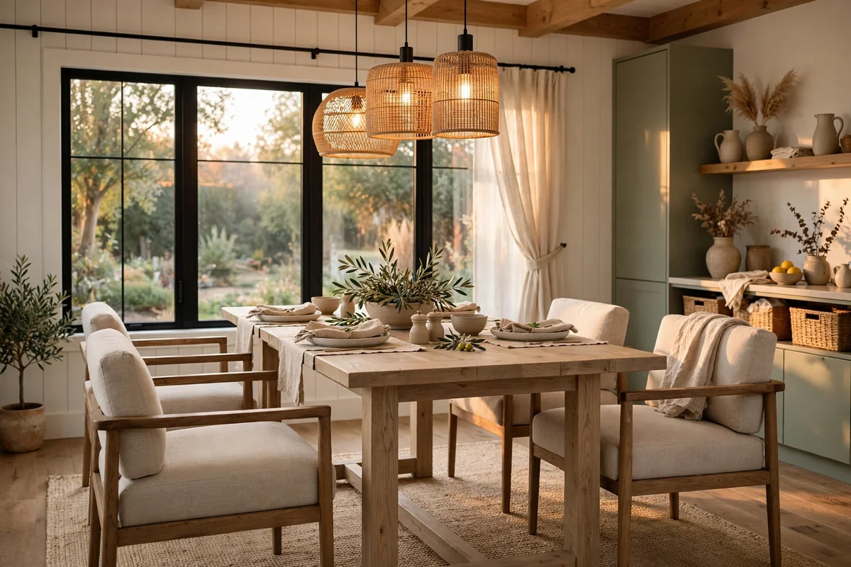 Farmhouse dining table with low-backed armchairs, contemporary