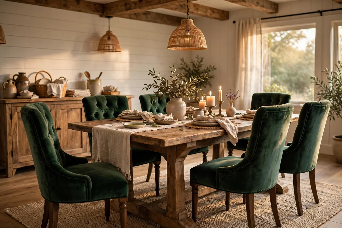 Farmhouse dining table with velvet dining chairs, luxurious texture