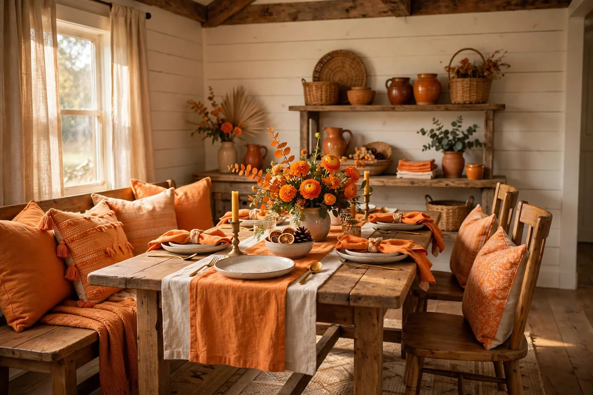 Farmhouse dining table styled with cheerful orange accents, pillows and flowers