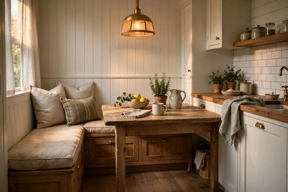 Small kitchen corner with a farmhouse table and built-in bench seating