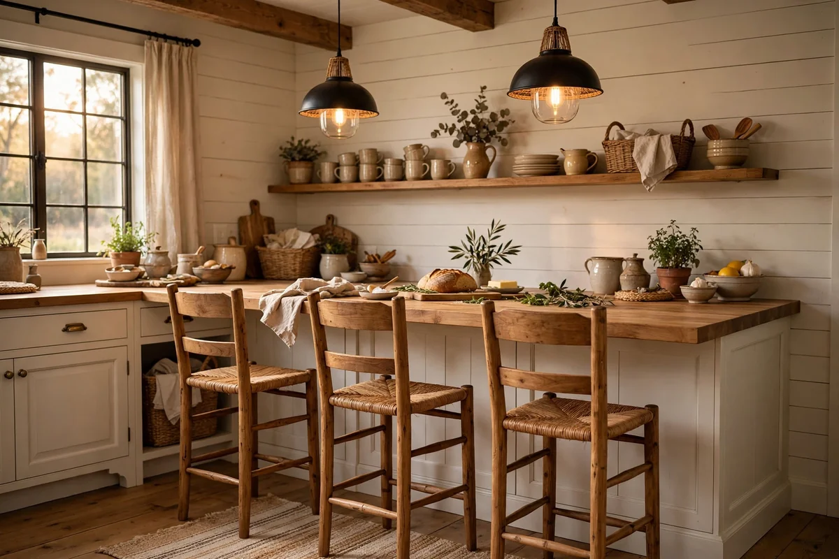 Farmhouse style breakfast bar extension with wooden bar stools, cozy