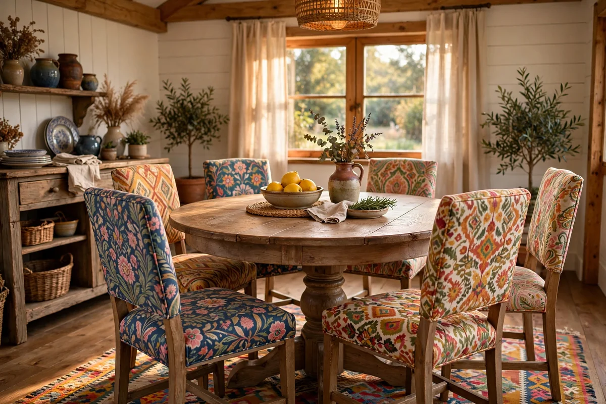 Round farmhouse dining table with patterned upholstered chairs, colorful