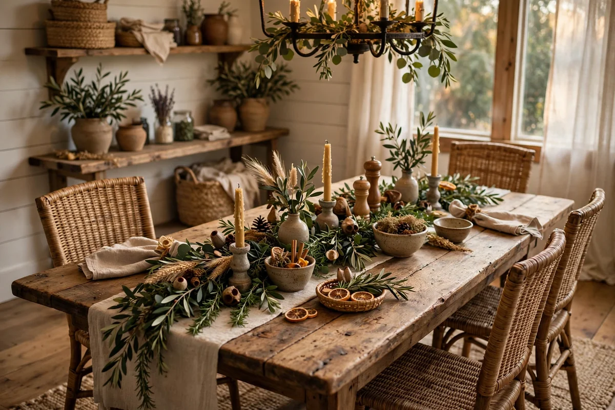 Farmhouse dining table styled with fresh greenery and natural decorations