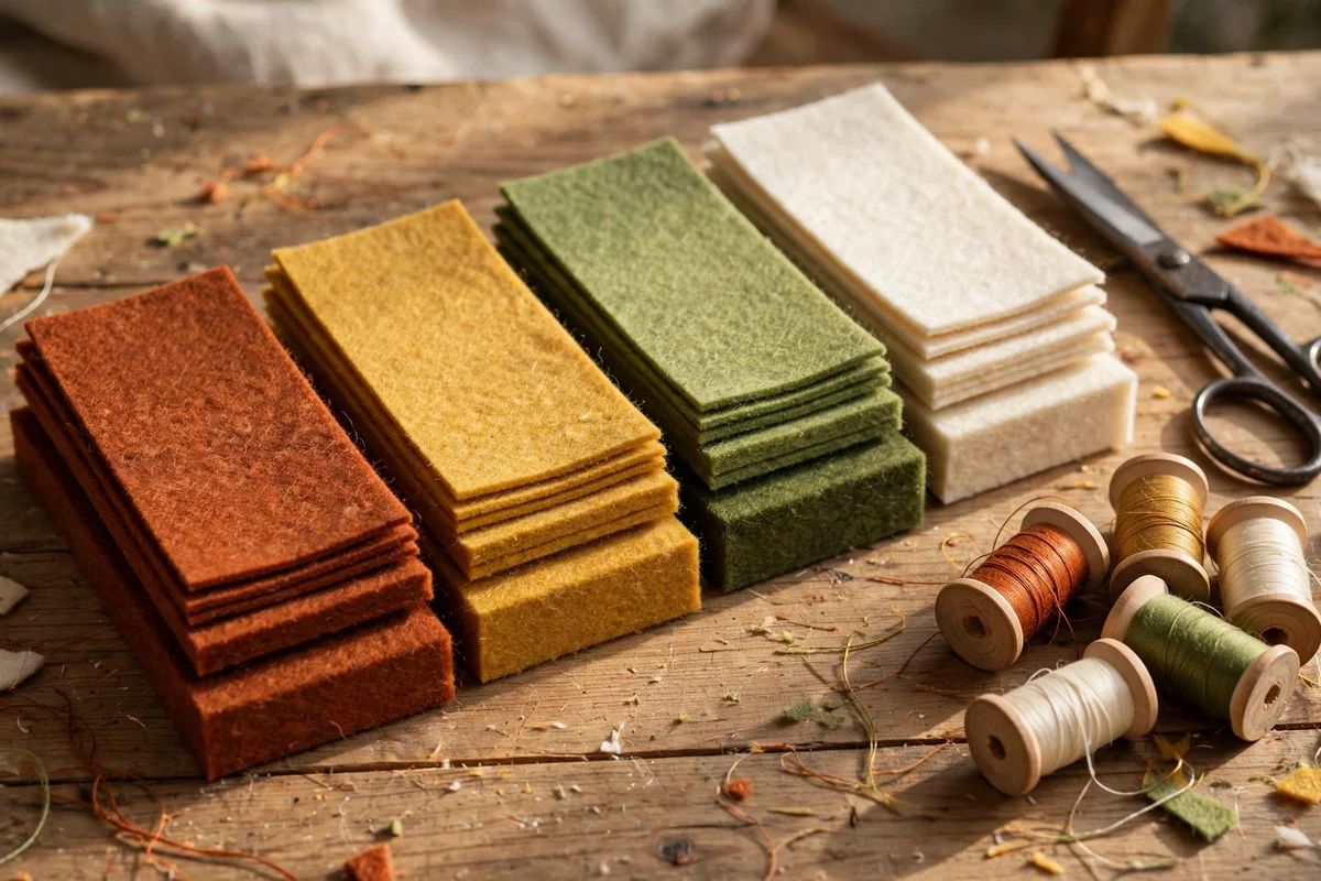 Felt sheets in rust, gold and cream stacked with scissors and thread on a table
