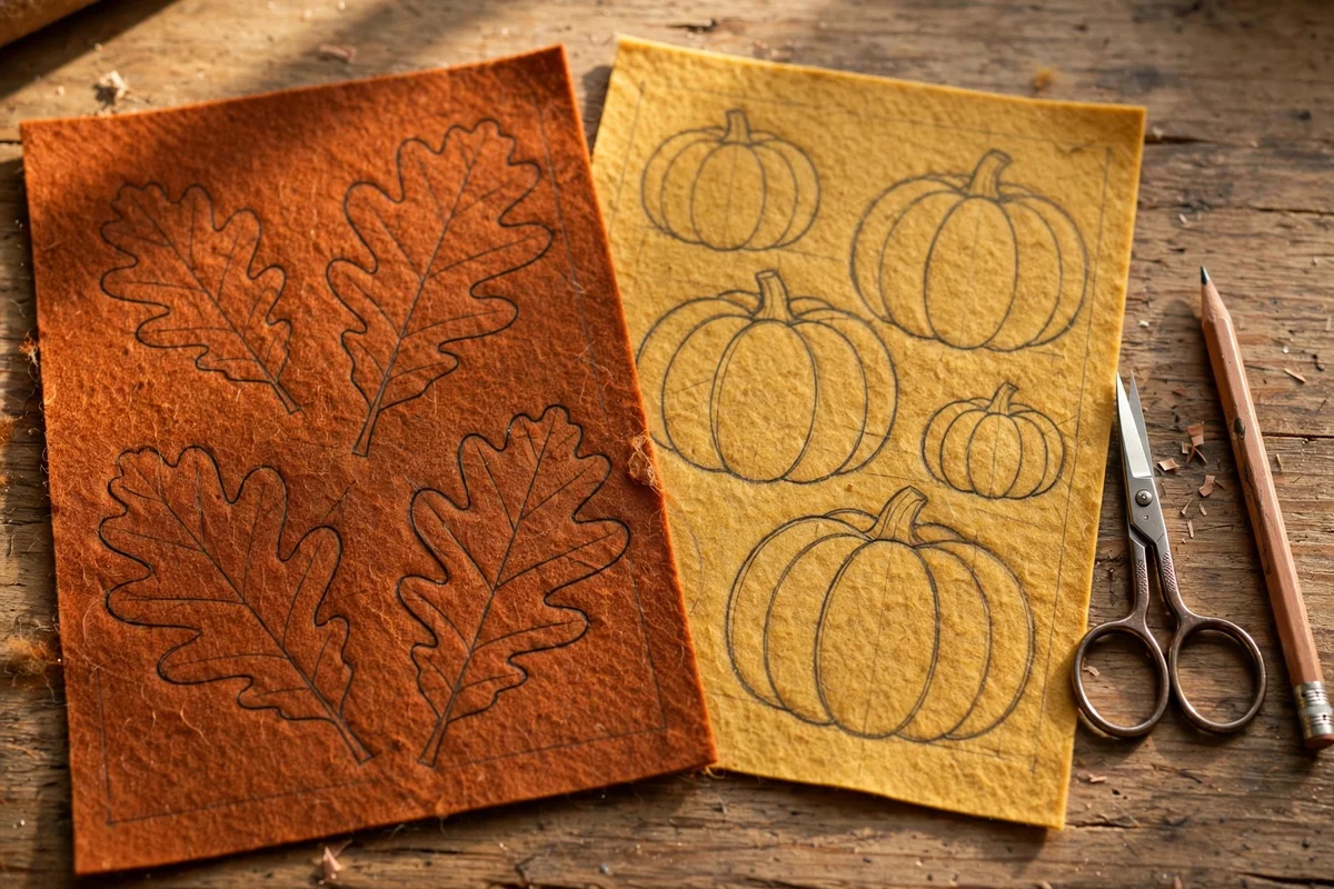 Paper leaf and pumpkin templates traced on felt with pencil and scissors nearby