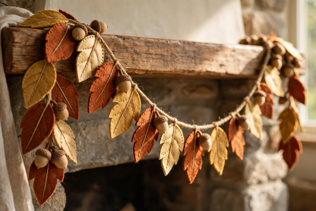 Two-tone felt leaf garland in rust and gold draped along a wooden mantel