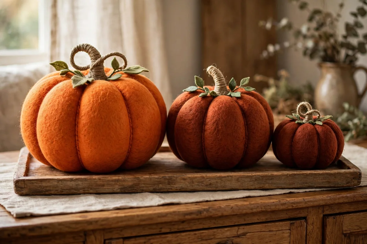 Three stuffed felt pumpkins in orange and rust on a wooden sideboard tray