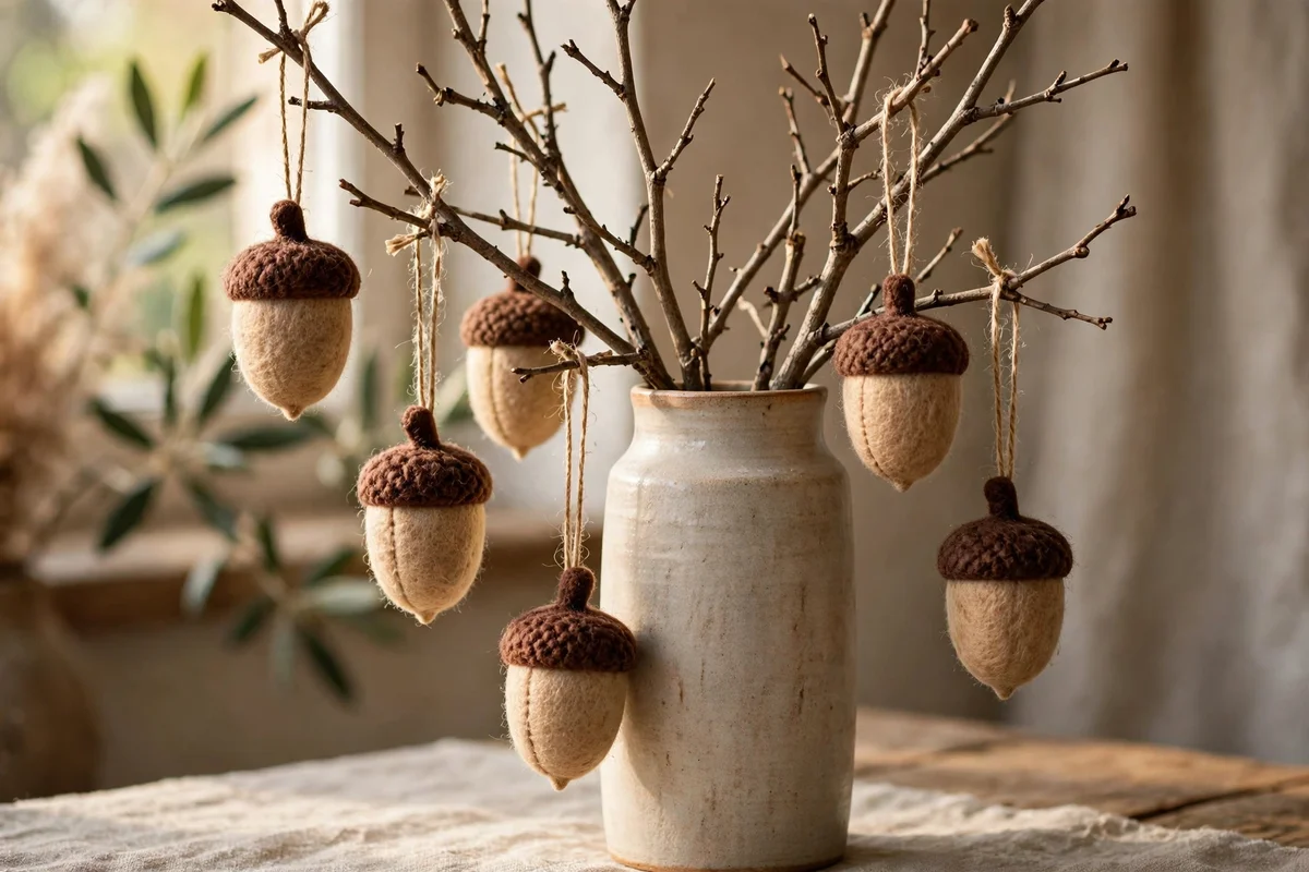 Felt acorn ornaments in tan and brown hanging with twine loops from a branch