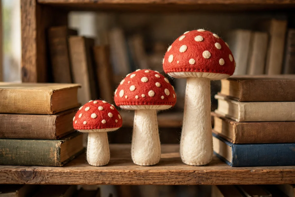 Sweet felt toadstools with cream dotted caps standing on a wooden shelf