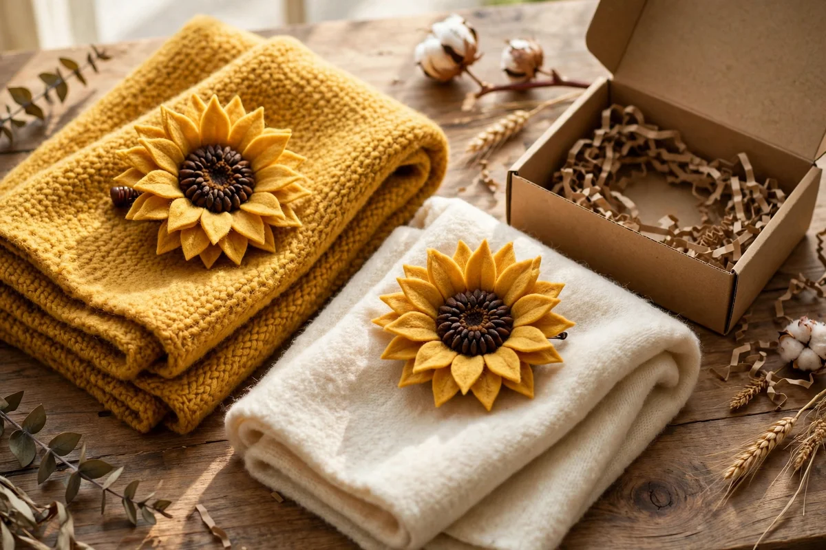 Golden felt sunflower brooches pinned on folded wool scarves in a gift box