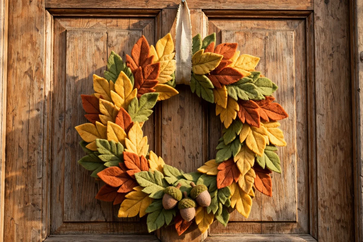 Layered felt leaf wreath in autumn shades hanging on a wooden front door