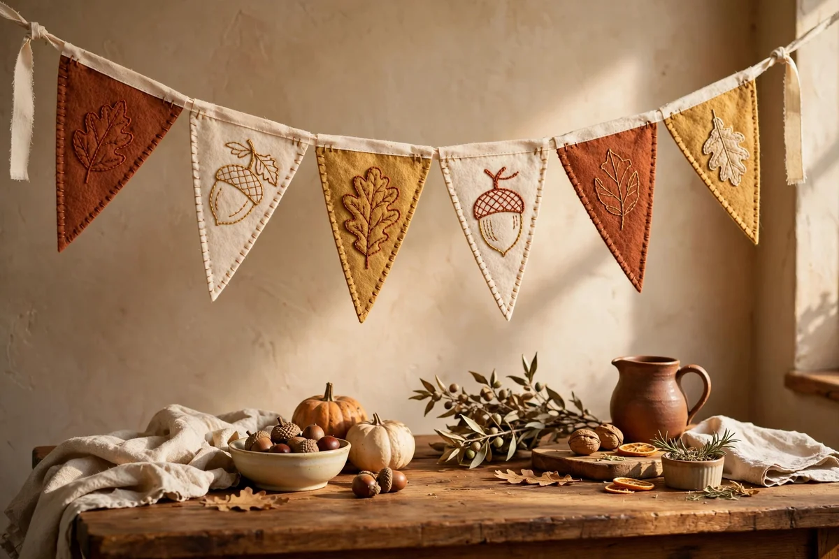 Harvest felt banner with leaf and acorn pennants hung above a kitchen table