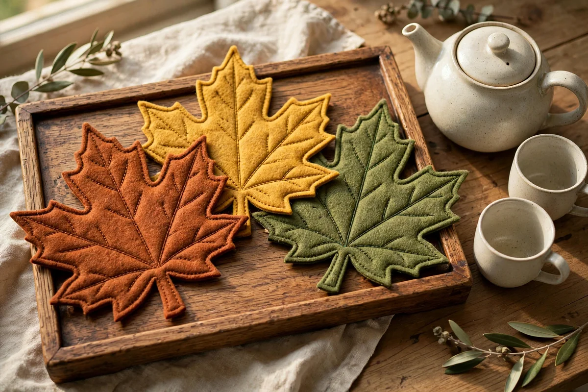 Leaf-shaped felt mug rugs in autumn colours on a wooden tea tray