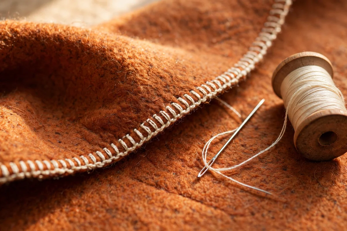 Close-up of blanket stitch edging on rust felt with needle and thread
