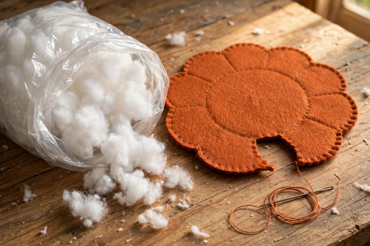 Toy stuffing being tucked into an open felt pumpkin circle on a table