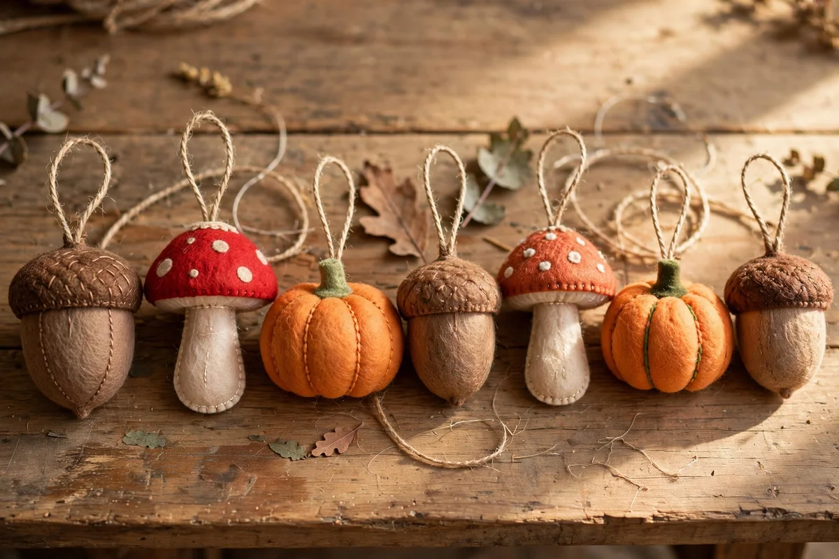 Twine hanging loops stitched into felt ornaments laid out on a wooden table