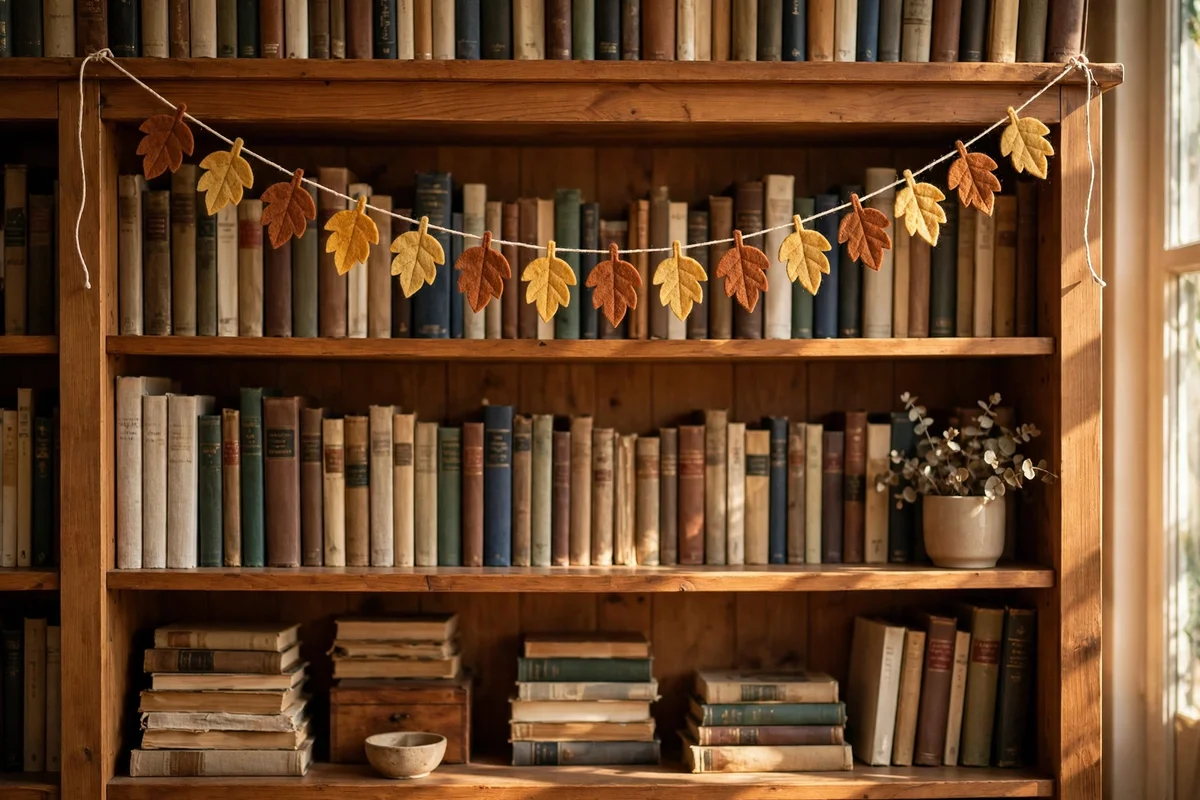 Mini felt leaf bunting in warm colours swagged across a wooden bookshelf