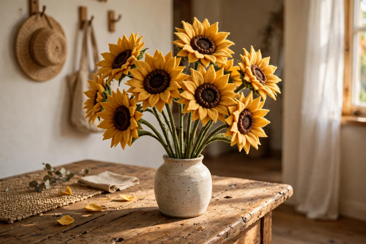 Felt sunflowers on green stems arranged in a ceramic vase on a hall table