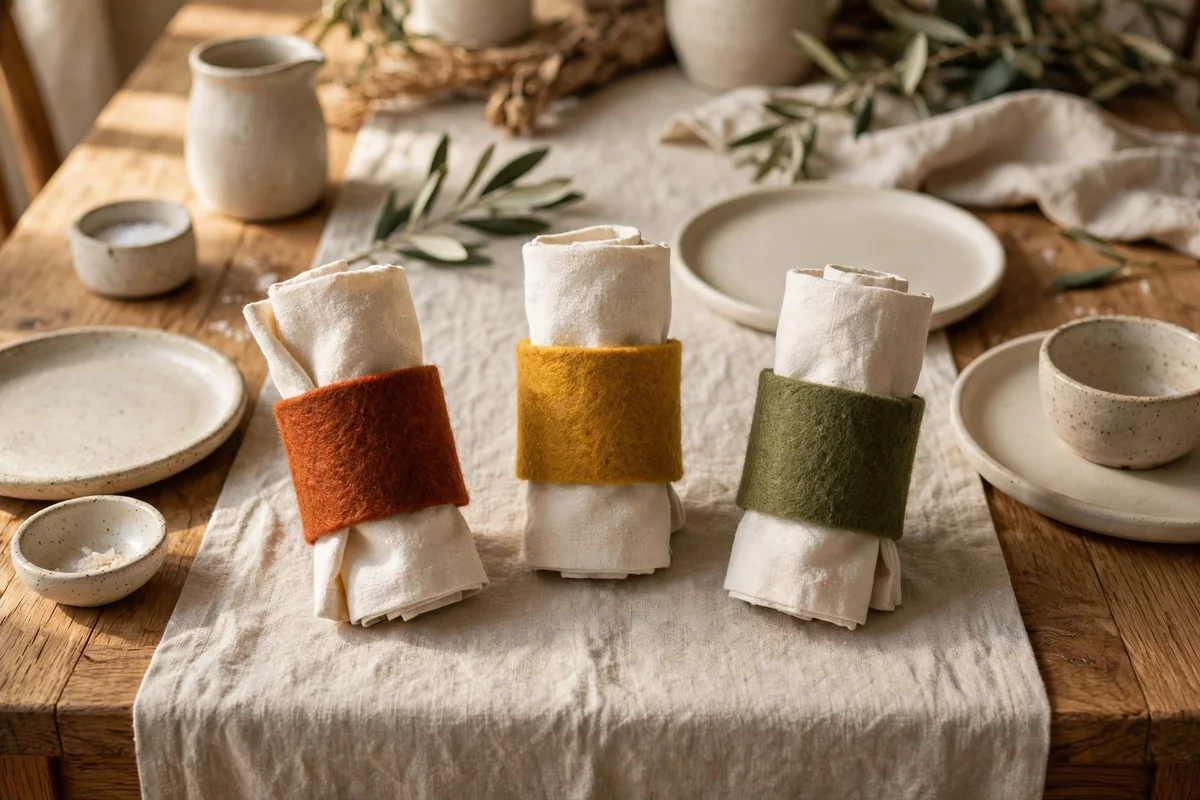 Felt napkin rings in rust and mustard holding linen napkins on a dining table