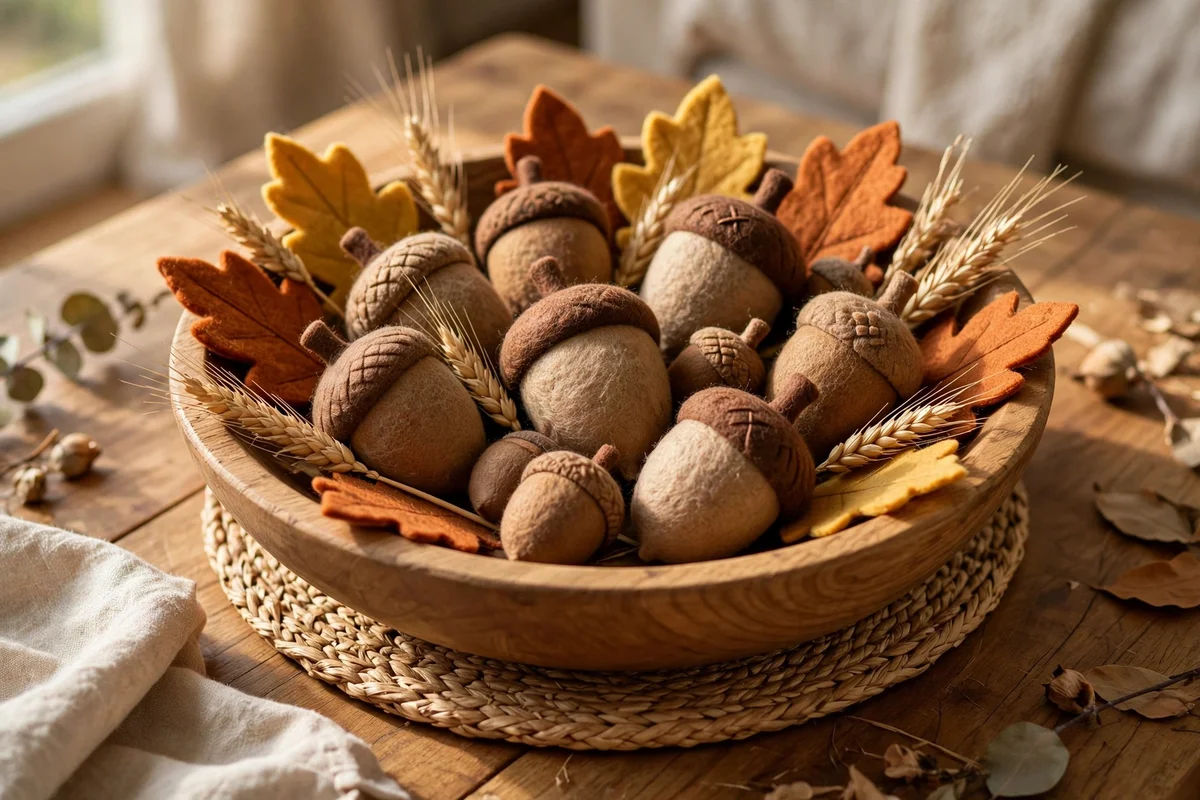 Wooden bowl filled with felt acorns and autumn leaves on a coffee table