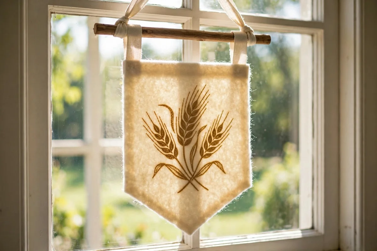 Cream felt harvest flag with wheat motif hanging in a bright porch window