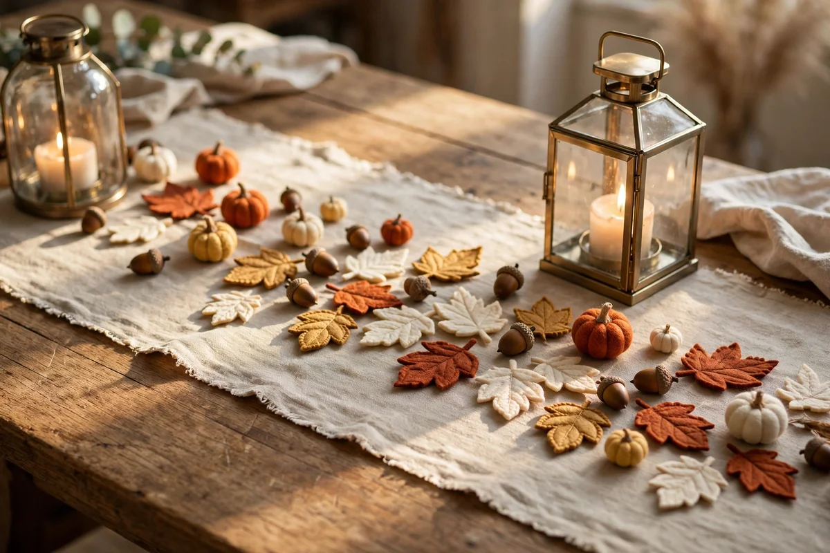 Felt leaf and acorn table scatter arranged along a neutral dining runner
